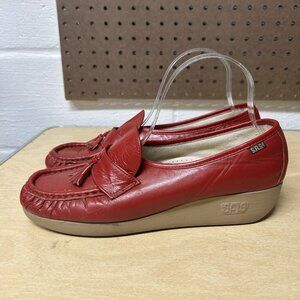 SAS Red Leather Slip On Loafers Tassels Comfort Shoes Women Size 10 Narrow
